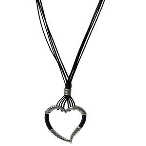 Heart-Shaped Silver Tone Pendant Necklace Black Multi Strand Cord Jewelry Women